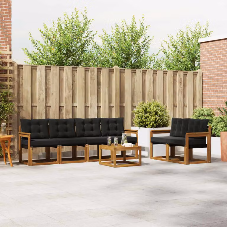 Set di divani da esterno vidaXL 7 pz in legno di acacia e textilene, colore beige e nero, con tavolo da caffè e cuscini inclusi