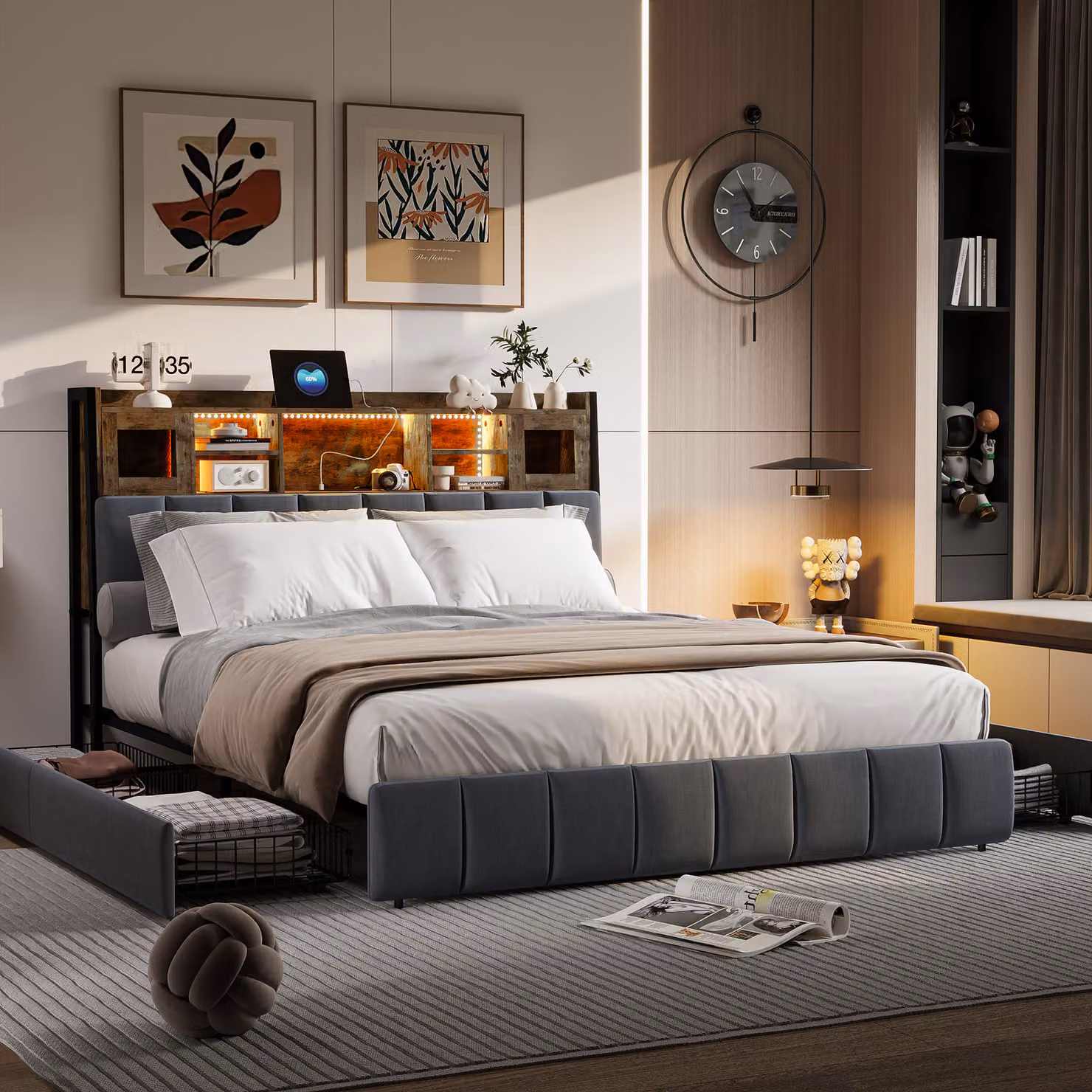 UnboxG letto imbottito 140x200 cm letto matrimoniale, testiera imbottita letto contenitore, letto con ricarica USB e illuminazione LED， letto funzionale con 4 cassetti, biancheria, nerorz