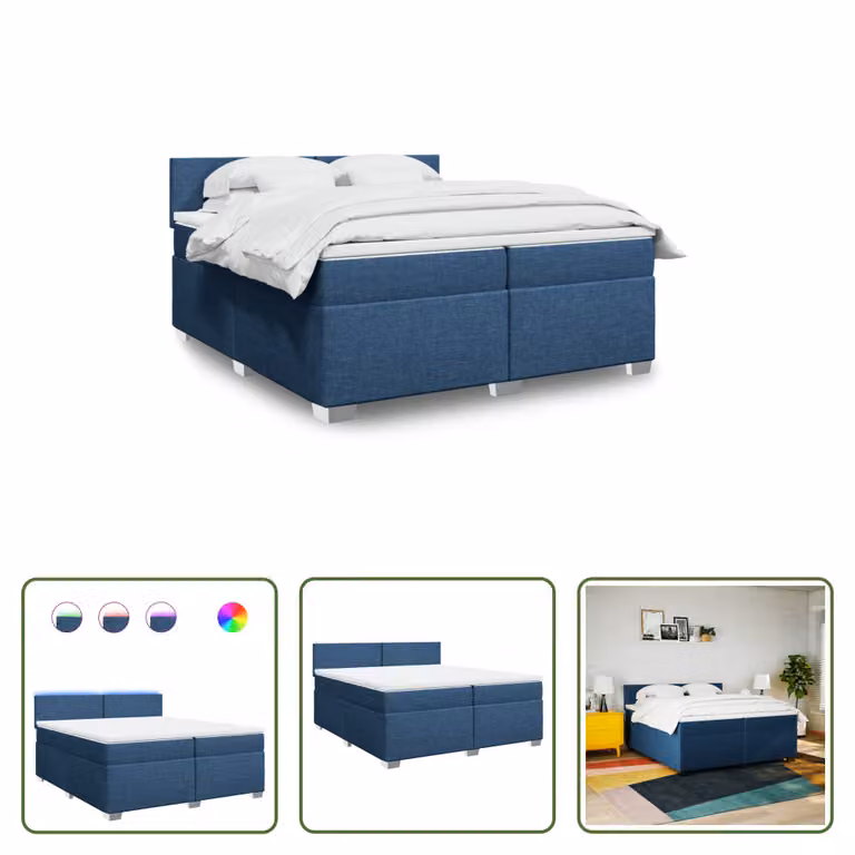 The Living Store Letto a molle con materasso blu 200x200 cm in tessuto