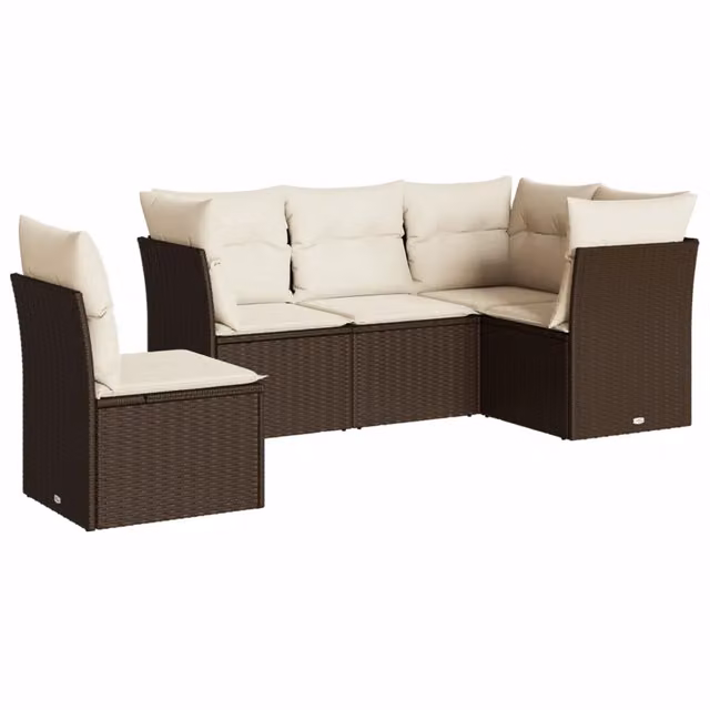 Set Divano da Giardino 5 pz a L con Cuscini in Polyrattan Marrone e Bianco DESIGN IN – 1