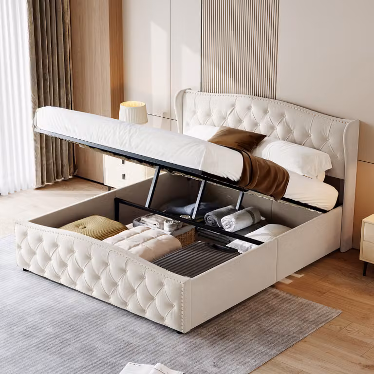 Letto imbottito 160x200cm con rete a doghe, letto a molle idrauliche con rete e contenitore, letto matrimoniale in velluto con contenitore letto funzionale, bianco
