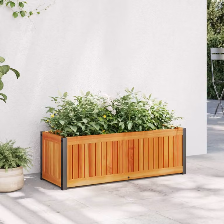 Fioriera da giardino vidaXL in legno di acacia e acciaio, marrone, L: 80 cm, P: 30 cm, H: 27,5 cm