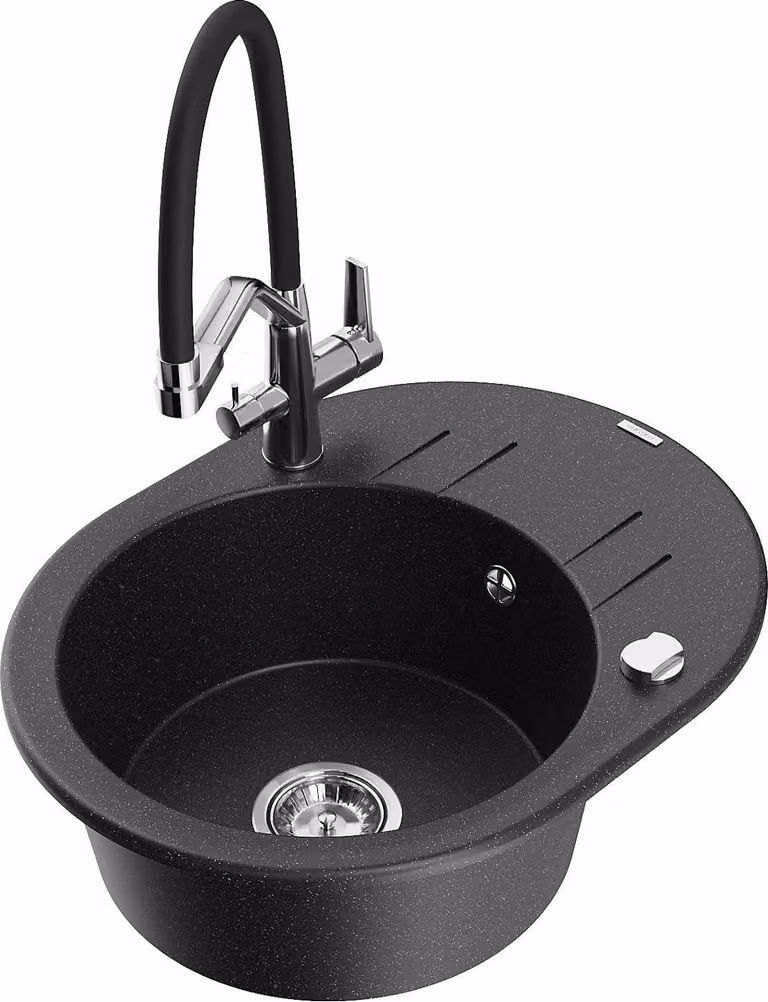Mexen Kevin lavello in granito a 1 vasca con rubinetto da cucina Duo, nero/argento metallizzato - 6517-73-671701-07