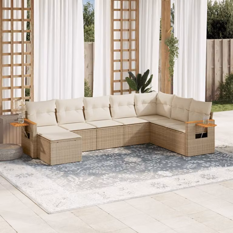 vidaXL Set Divano da Giardino a L 8 pz in Polyrattan con Cuscini Beige e Ottoman