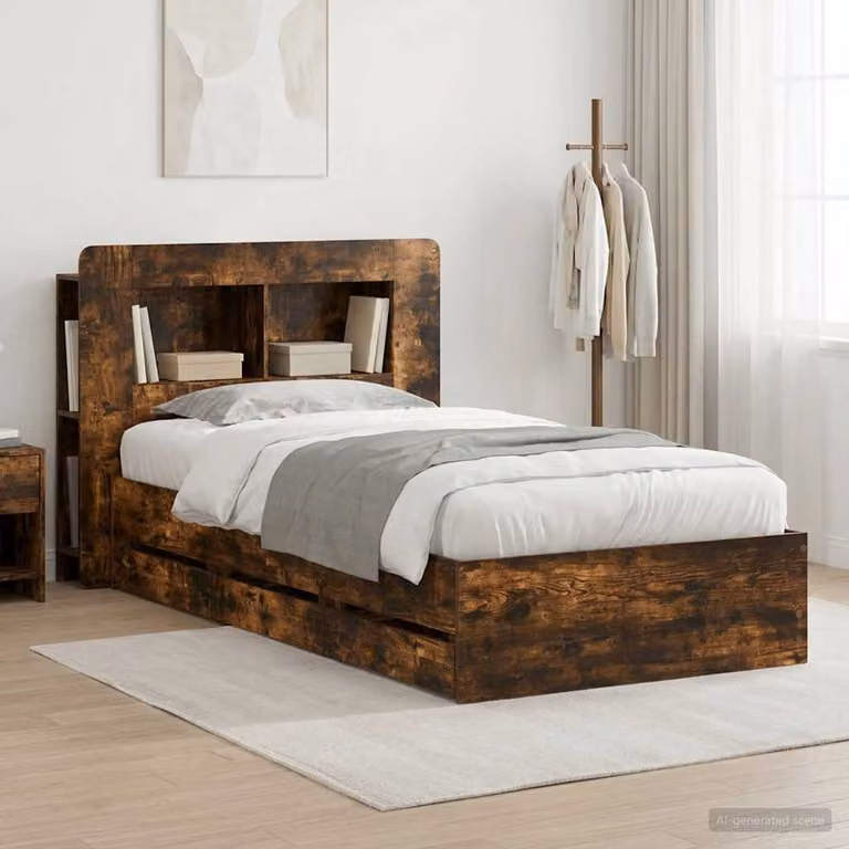 Struttura letto con contenitore e testata vidaXL in legno Rovere Fumo, L/P/H: 140 x 190 x 93,5 cm