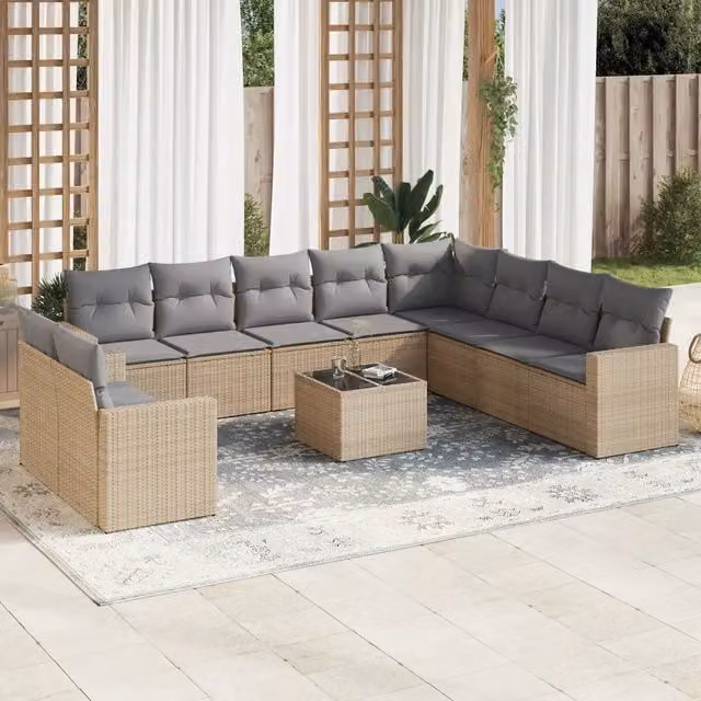 Set di divani da giardino VIDAXL in polyrattan con cuscini beige, 11 pezzi – 1