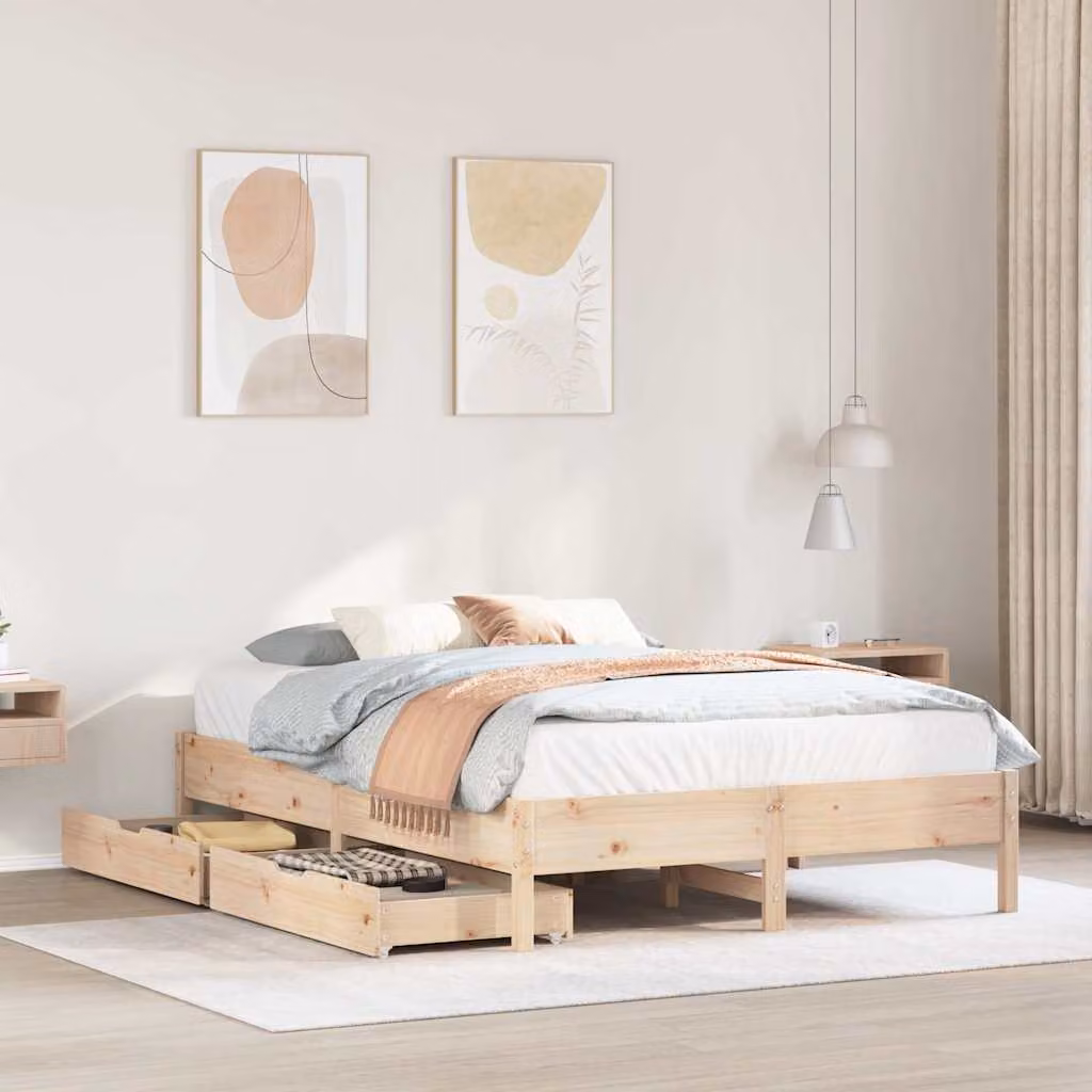 vidaXL Letto in Legno Massello di Pino Marrone con Doghe, L: 140,5 cm, P: 195,5 cm, H: 36,5 cm