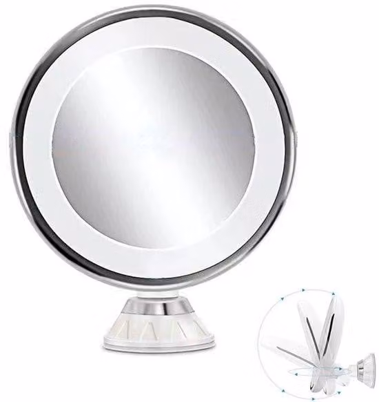 Specchio da trucco a LED - Specchio con ingrandimento 10x e luce a LED - Visione a 360 gradi - Diametro 17,5 cm - Adatto al viaggio - Bianco, argento