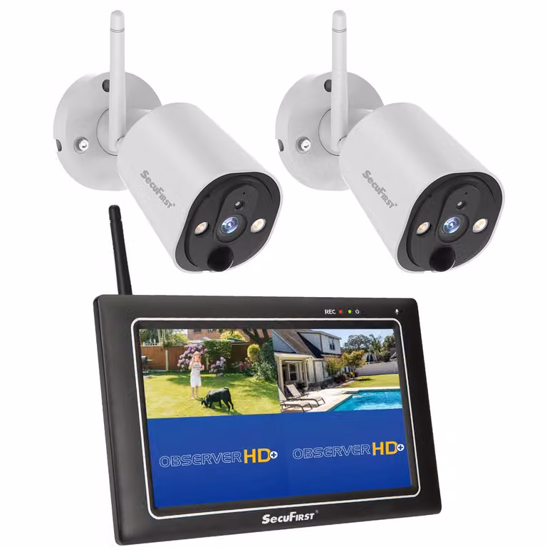 Telecamera di sorveglianza da esterno SecuFirst 2K con monitor interno, schermo sensore da 7" NVR + baby monitor di sorveglianza con telecamera da esterno 2X funzionante senza WLAN