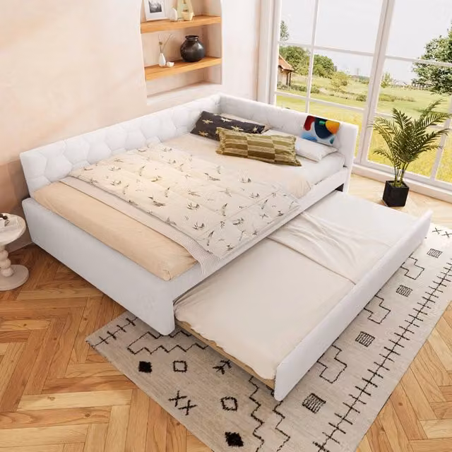 Letto rosa 140x200 cm con rete a doghe e letto estraibile; lampada; USB e Type C; velluto e MDF