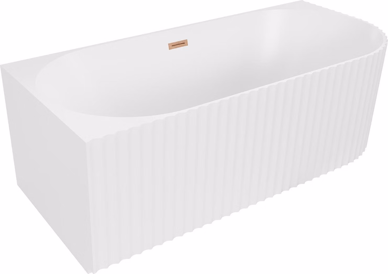 Mexen Gia vasca da bagno freestanding ad angolo scanalata sinistra 150 x 75 cm, bianca opaca, troppo pieno in rame spazzolato