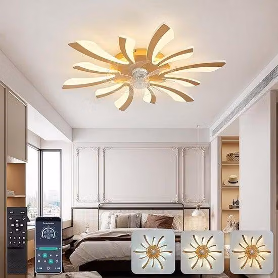 Ventilatore a soffitto moderno con luce, dimmerabile, diametro 78 cm, 6 velocità, reversibile, con telecomando. Ideale per camere da letto e soggiorni. Colore: oro