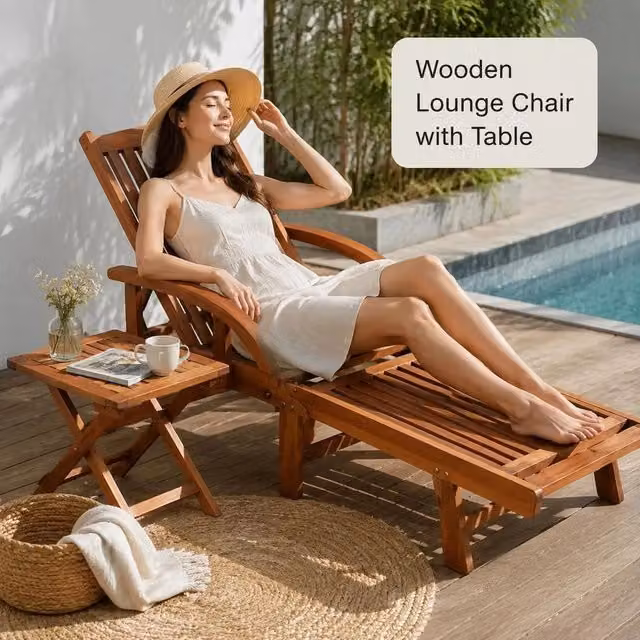 Sun Lounger With Table, Solid Acacia Wood