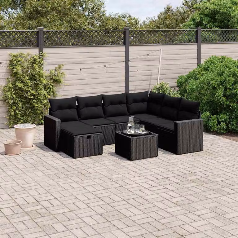 vidaXL Set Divani da Giardino a L con Cuscini 8 pz Nero in Polyrattan e Metallo