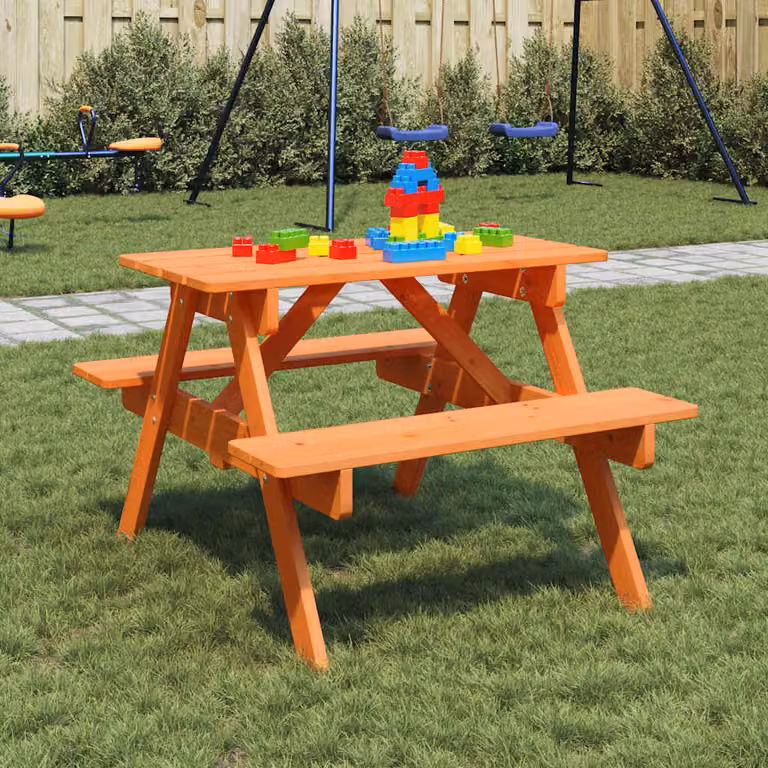 vidaXL Tavolo da picnic per bambini in legno di abete marrone e arancione con foro per ombrellone L: 200 cm, P: 79 cm, H: 52 cm