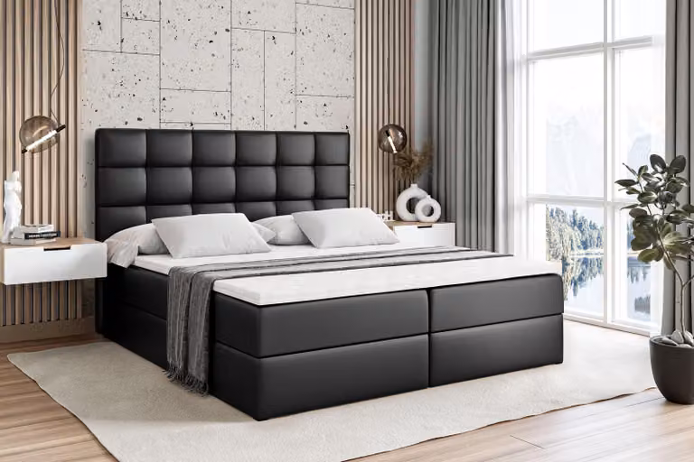 Letto boxspring ALTDECOR con materasso e rete a doghe - BRUGO - 140x200 cm - Pelle finta nera - Letto boxspring, topper, letto imbottito con contenitore, letto con vano portaoggetti H4 - Materasso, letto matrimoniale, letto boxspring