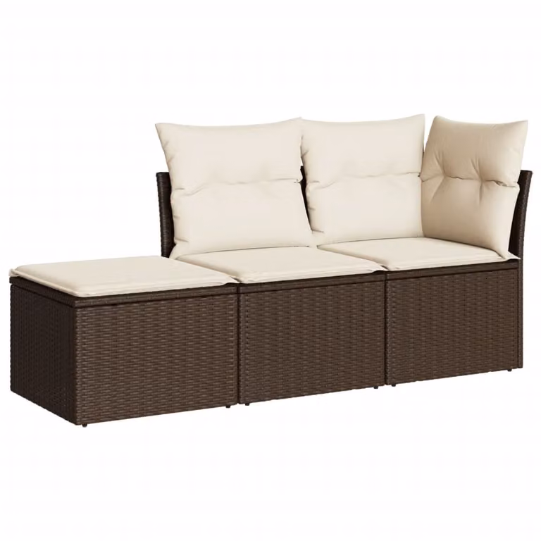 Set Divano da Giardino 3 pz con Cuscini Marrone in Polyrattan
