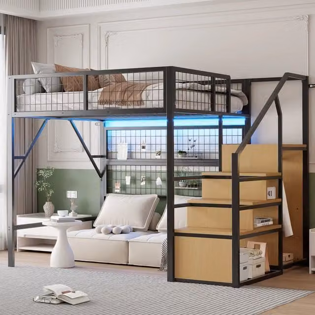 Letto a soppalco in metallo 140x200 cm con LED app, scala contenitore e armadio aperto, nero
