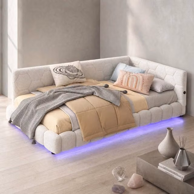 Letto singolo a divano 90 × 200 cm con rete a doghe in MDF bianco luce LED 16 colori USB e porta tipo C