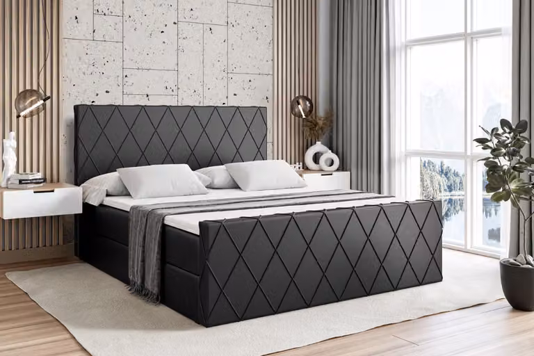 Letto boxspring ALTDECOR con pediera, materasso H4 e topper - 200x200 cm - LEPARO-Z - Pelle finta nera - Letto imbottito con contenitore e rete a doghe, letto con spazio contenitivo