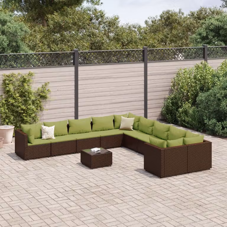 Set di divani da giardino vidaXL 11 pezzi in rattan marrone con cuscini e tavolino da esterno