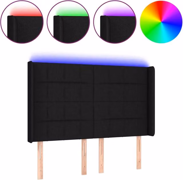 Testata del letto moderna con illuminazione LED e porta di ricarica USB in tessuto nero L: 147 cm, P: 16 cm, H: 118/128 cm – 1