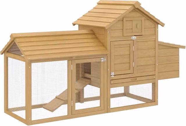 Pollaio in legno Zephmum marrone per 2 galline con recinzione e nido L: 151.5 cm, P: 54 cm, H: 87 cm