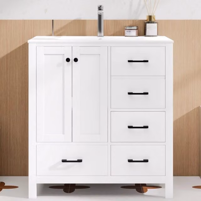 Mobile sottolavabo OKWISH per bagno con lavabo in ceramica, 1 anta, 4 cassetti e 3 ripiani, bianco, L: 76 cm, P: 46 cm, H: 82 cm