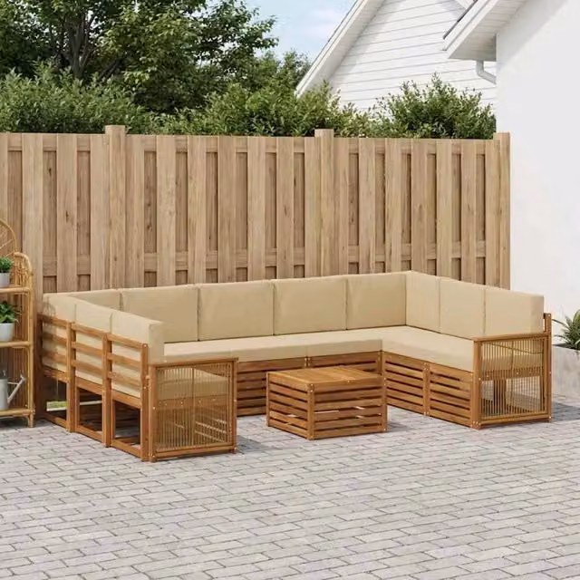 Set di divani da esterno vidaXL a forma di L in legno di acacia con tavolo da caffè e cuscini, colore beige e marrone