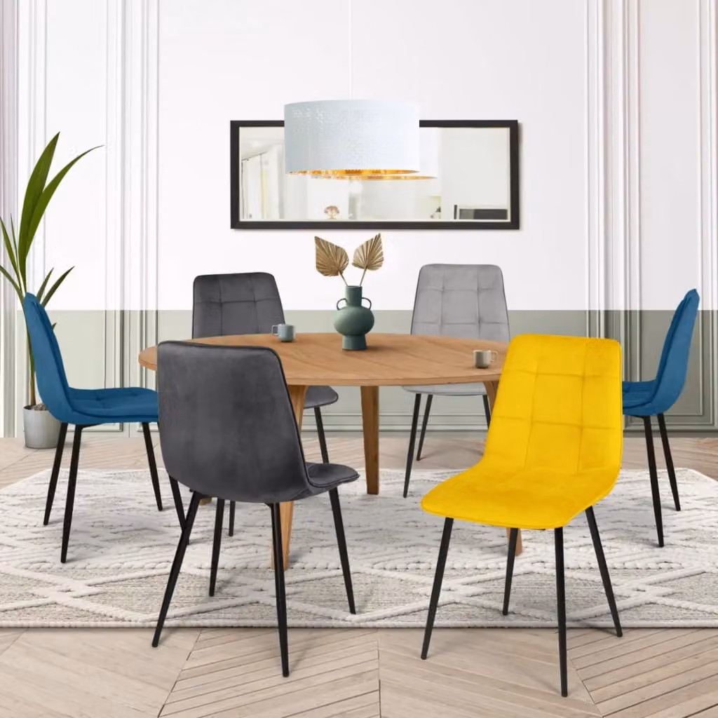 Set di 6 sedie da pranzo MILA IDMarket in velluto multicolore: 2 blu, 2 grigio scuro, 1 grigio chiaro e 1 giallo – 2