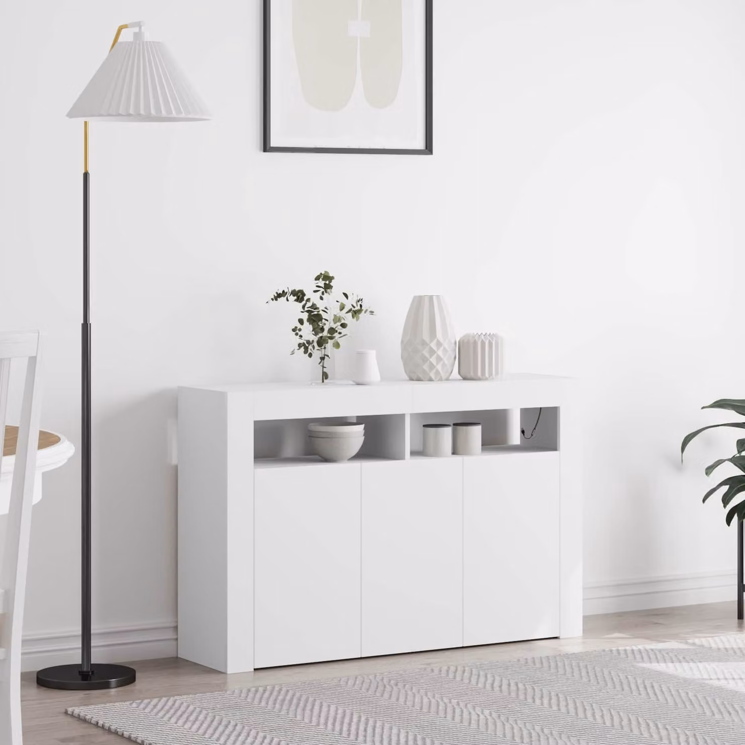 Credenza moderna vidaXL in legno MDF bianco con illuminazione integrata L 116 x P 30 x H 75 cm