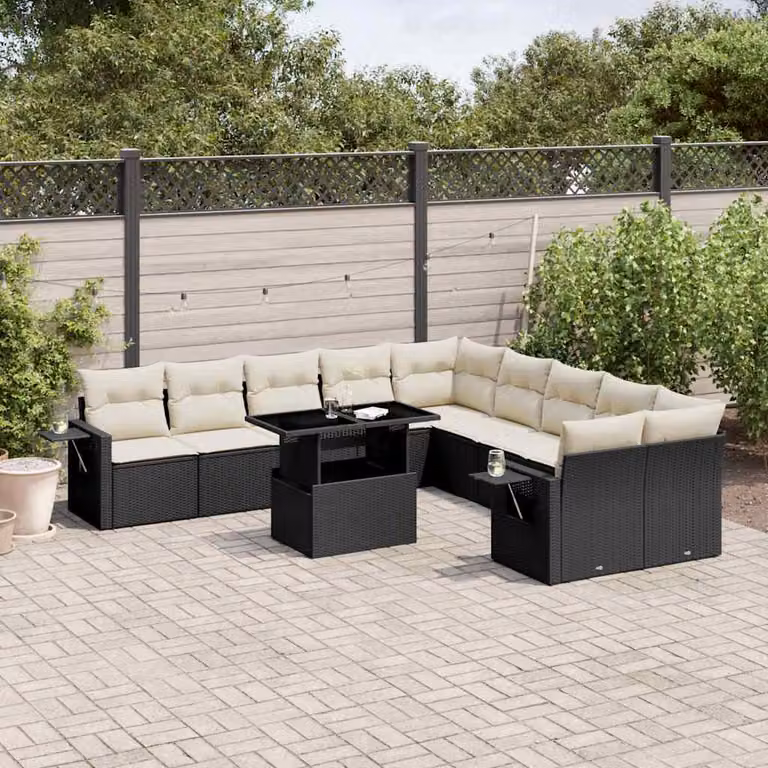 vidaXL Set Divani da Giardino 11 pz in Polyrattan Nero con Cuscini e Tavolino da Esterno