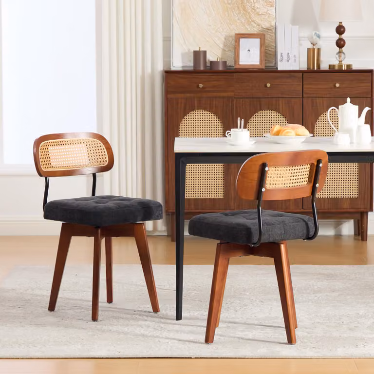 Set da 2 sedie da pranzo o da cucina, con schienale intrecciato a 360°, seduta imbottita, tessuto chenille, colore nero