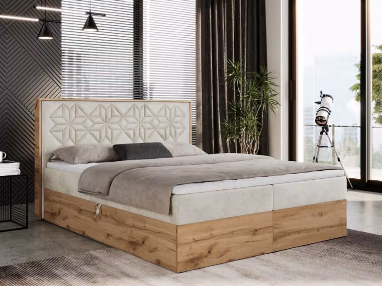 Letto boxspring 120x200 con contenitore, letto imbottito 120x200 con materasso H4, letto boxspring 120x200 con testiera, letto boxspring in legno massello - Nessi - Beige Velvet - H4