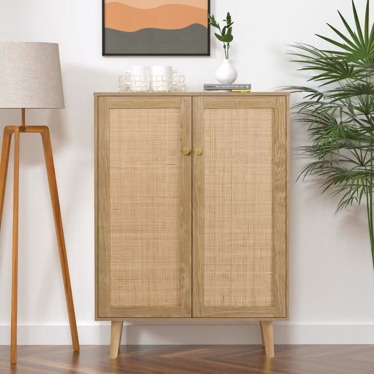 Mobiletto da cucina con piano di lavoro e ante in rattan, credenza per soggiorno, ingresso, sala da pranzo, camera da letto, ufficio