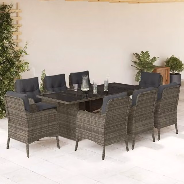 Set da pranzo da giardino vidaXL in polyrattan grigio con tavolo in vetro e 9 sedie con cuscini