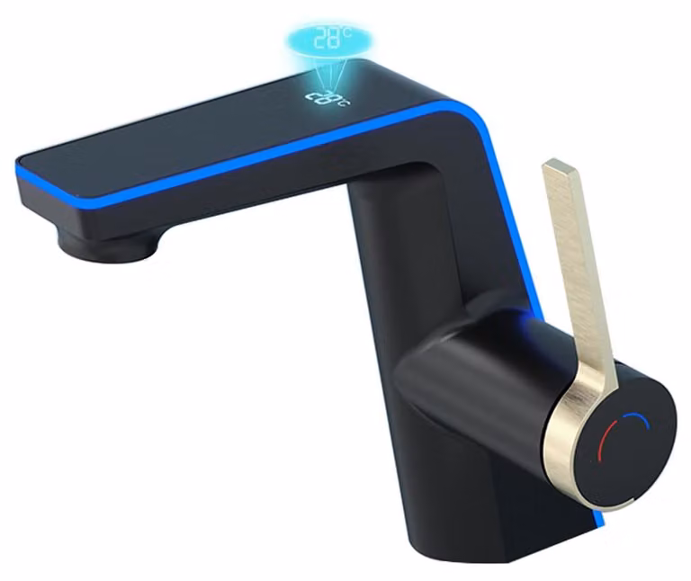 Miscelatore monocomando per lavabo, nero dorato, in ottone, con display digitale