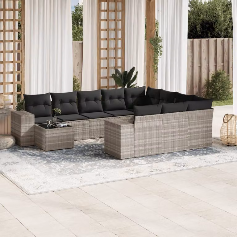 vidaXL Set Divani da Giardino 11 pz con Cuscini in Polyrattan Grigio e Tavolino da Esterno