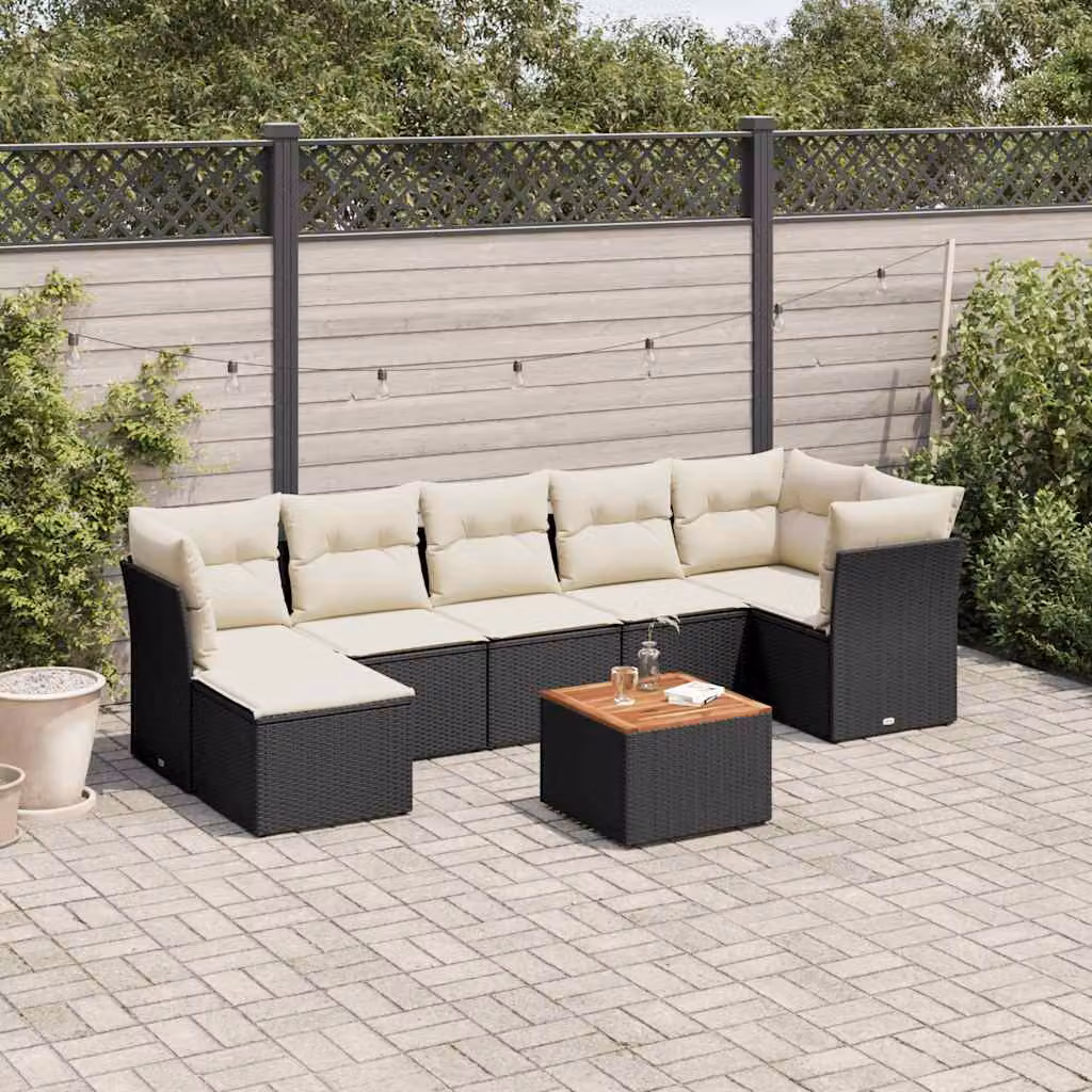 Set di divani da giardino vidaXL in polyrattan nero con 8 pezzi, include tavolino, pouf e cuscini con coperture rimovibili – 1