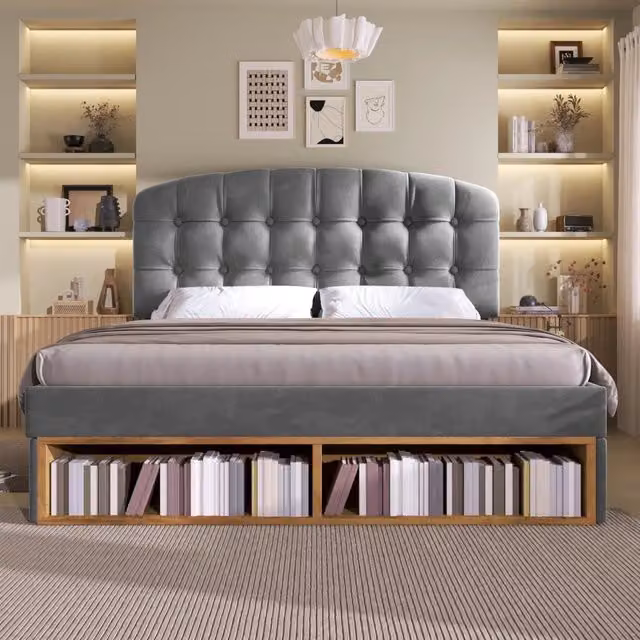 Letto matrimoniale imbottito in velluto grigio con cassetti e testiera regolabile L/P: 140 x 190 cm