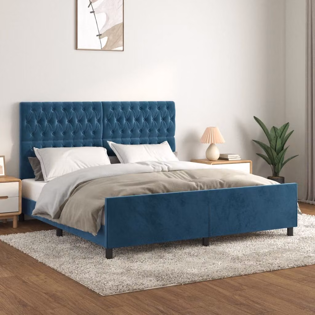 The Living Store Struttura letto con testiera in velluto blu scuro 180x200 cm