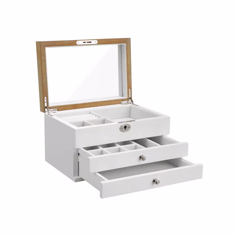 Scatola Portagioie a 3 Livelli Custodia in Legno, Bianco + Naturalele con Effetto Legno