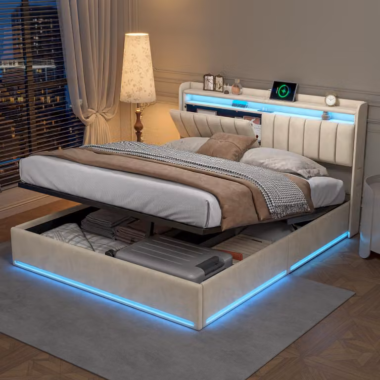 UnboxG letto imbottito 160x200cm con USB, letto giovanile matrimoniale con rete a doghe e contenitore, letto contenitore con LED, letto funzionale letto giovanile, letto a molle, velluto, beige