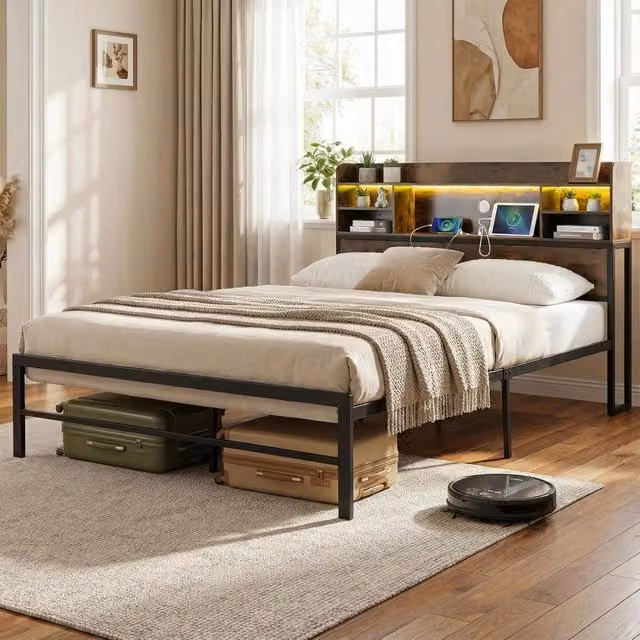 Letto Matrimoniale Costway in Stile Industriale con Testiera, Luci LED, Porte USB e Ripiani Portaoggetti, L/P: 140 x 200 cm, Colore Nero e Marrone