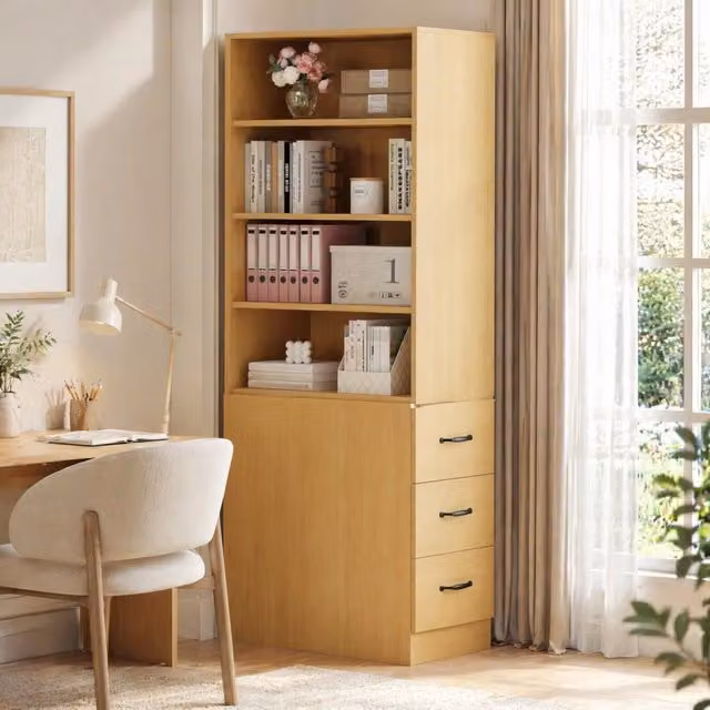Libreria moderna in MDF color rovere con ripiani regolabili e cassetti laterali, L 60 cm x P 38 cm x H 180 cm