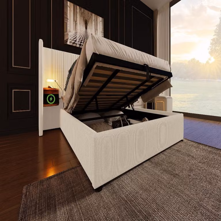 Letto imbottito 180x200 cm con comodini, spazio contenitivo, lampada da lettura e funzione di ricarica USB Type-C, rivestito in tessuto corda color beige-bianco, ideale per la camera da letto