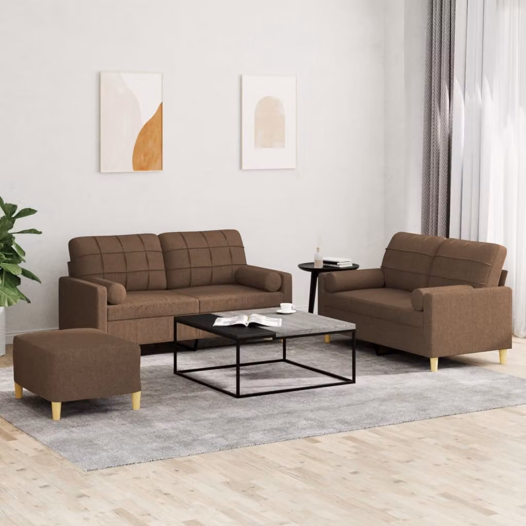 Set di divani 3 pezzi vidaXL in tessuto marrone con cuscini per soggiorno moderno – 1