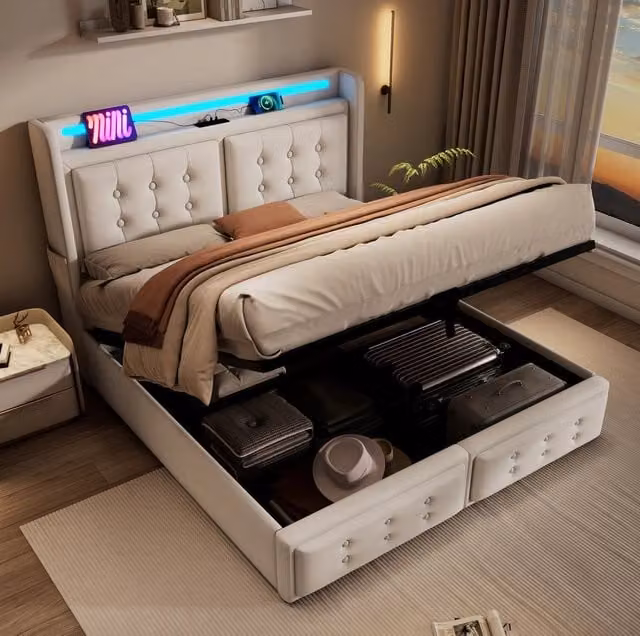 Letto matrimoniale 140x200 cm beige cotone, LED, USB-C, contenitore, senza materasso