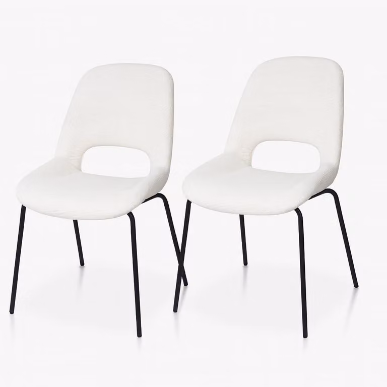 Set di due sedie da pranzo, beige, rivestite in tessuto, con gambe in metallo, design moderno