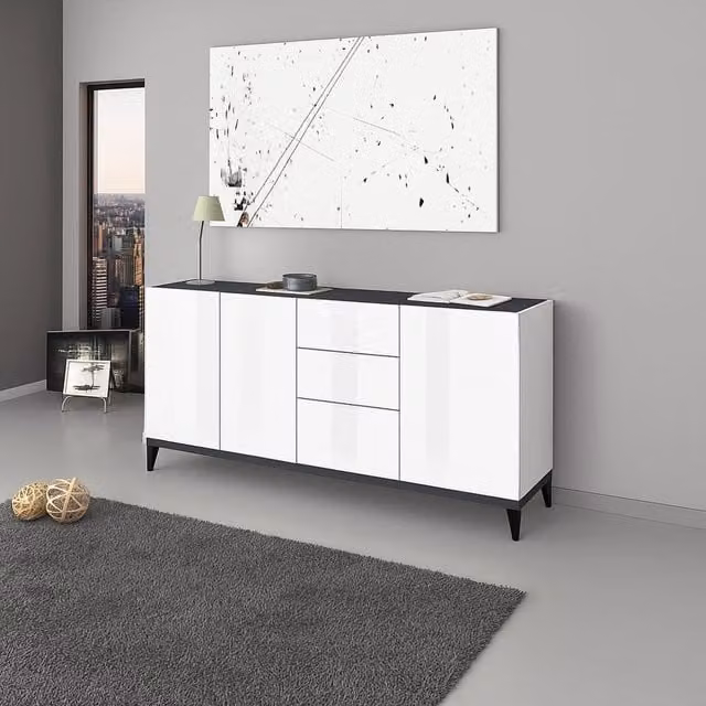 Credenza moderna DMORA a 3 ante per soggiorno e cucina, Bianco lucido e Ardesia, L: 160 cm, P: 40 cm, H: 82 cm